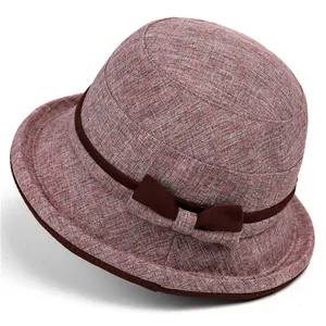 Women Elegant Polyester Bucket Hat Bow Knot Cloche Sun Hat Foldable Breathable Sun Protection Cap Daily Travel Outdoor