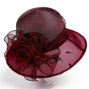 Elegant burgundy organza sun hat with black rose embroidery and a large 3D fabric flower