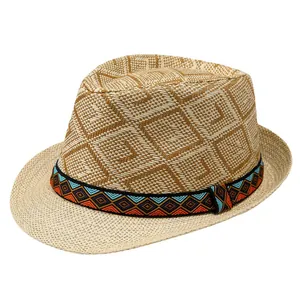 Classic straw fedora hat for men with ethnic geometric ribbon and textured weave