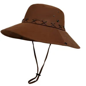 Women American Vintage Western Cowboy Hat Outdoor Mountaineering Wide Brim Sun Protection Bucket Hat With Adjustable Chin Strap