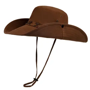 Brown American vintage cowboy sun hat with wide brim, ventilation holes, and windproof rope