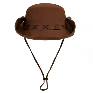 Brown western cowboy hat with leather cross-stitching detail and adjustable chin strap