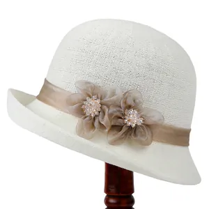 Chapeau de soleil rétro français pour femme blanc crème avec ruban et fleurs