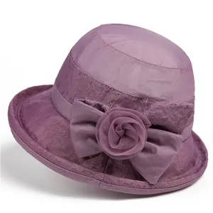 Women Elegant Lace Flower Sun Hat With Large Bow 3D Rose Wide Brim Foldable Mesh Bucket Hat For Wedding Party Travel