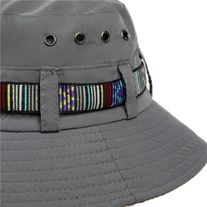 Detailed close-up of metal ventilation eyelets and colorful ethnic ribbon on sun hat
