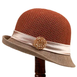 Elegant brick red and khaki vintage cloche sun hat with crystal sunflower brooch