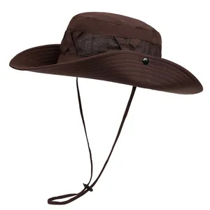 Dark brown breathable outdoor sun hat with wide brim, mesh vents, and chin strap