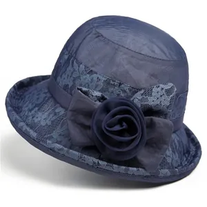 Women's dark blue wide brim lace sun hat with floral rose and bow decoration