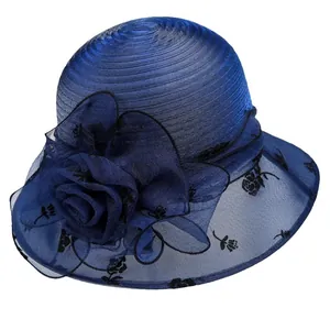 Elegant royal blue organza sun hat with large floral decoration and striped crown