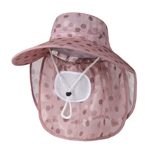 Chapeau de Soleil en Soie de Glace pour Femmes Bord Large Protection UV Avec Masque Cou Pois Floral Chapeau d'été