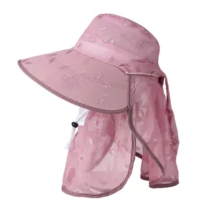 Pink wide brim sun hat for women with rose embroidery and neck protection cover