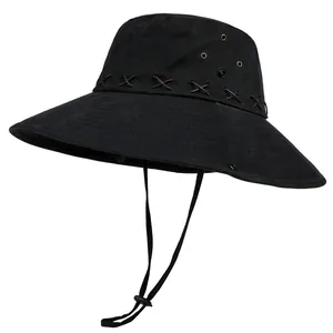 Black western cowboy style sun hat with wide brim and adjustable chin strap for outdoors