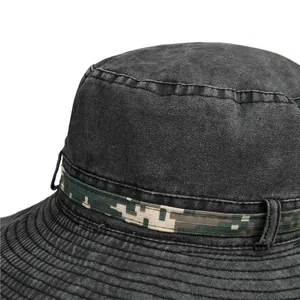 Water washed dark grey outdoor sun hat with camouflage strap and reinforced wide brim
