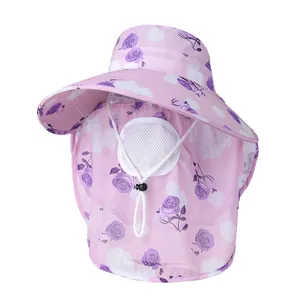 Women Floral Sun Hat Full UV Protection Wide Brim Face Mask Neck Flap Breathable Mesh Outdoor Gardening Farming Fishing Hat