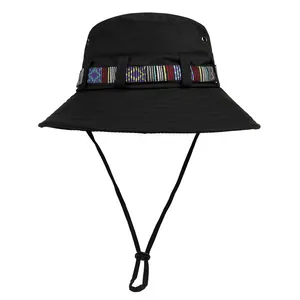 Unisex black outdoor sun hat with ethnic rainbow band and adjustable windproof strap