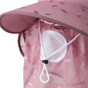 Pink wide brim sun hat with mesh face mask and adjustable drawstring for UV protection