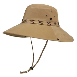Khaki western cowboy sun hat with wide brim, side vents and adjustable chin strap