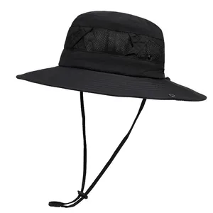 Close-up of black sun hat featuring breathable mesh layer and adjustable chin strap