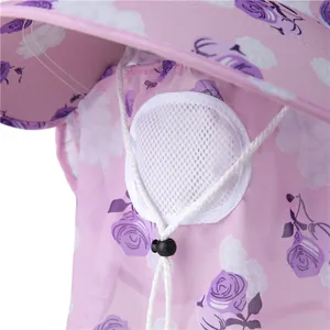 Pink sun hat with purple rose print, breathable mesh mask and adjustable chin strap