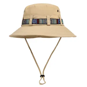 Unisex khaki bucket hat with ethnic woven band and adjustable chin strap for outdoors