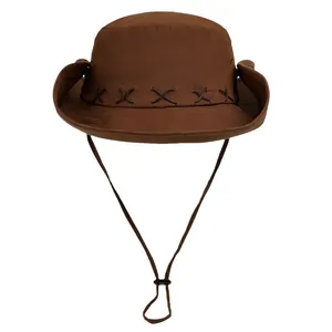 Dark brown western cowboy hat with wide brim, retro stitching and adjustable chin strap