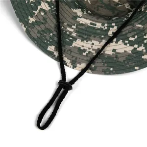 Close-up of adjustable black drawstring and plastic toggle on digital camo sun hat