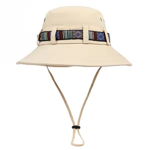 Detailed macro view of an outdoor sun hat with ethnic style woven band and adjustable chin strap