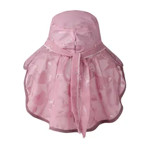 Women's outdoor sun hat with neck flap and purple floral jacquard pattern for UV protection