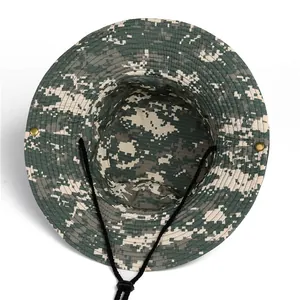 Outdoor digital camouflage sun hat with adjustable chin strap and side buttons for hiking