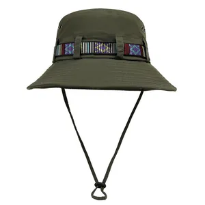 Unisex army green outdoor sun hat with ethnic style band and adjustable drawstring
