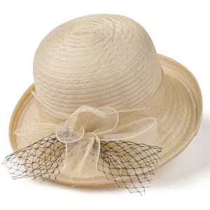 Women Elegant Organza Sun Hat Vintage Mesh Flower Bow Fascinator Wide Brim Summer Breathable Tea Party Wedding Dress Hat