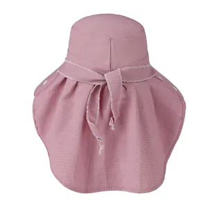 Pink sun hat with neck flap and bow decoration for full outdoor UV protection