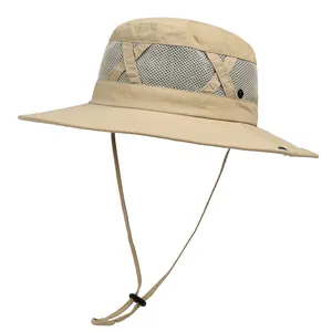 Khaki outdoor sun hat with breathable mesh top and adjustable chin strap for hiking