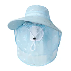 Detail of light blue sun hat featuring floral jacquard fabric and breathable face mask