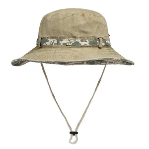 Detail of olive green tactical sun hat with digital camo trim and adjustable wind cord