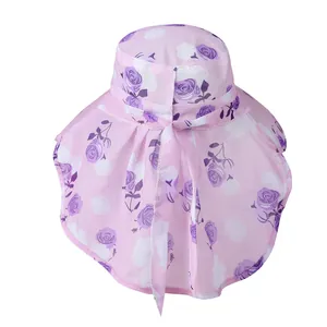 Women's pink floral sun hat with neck flap and breathable mesh for garden work