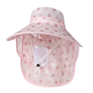 Chapeau de soleil rose à pois rouges, broderie florale avec large bord et protège-nuque