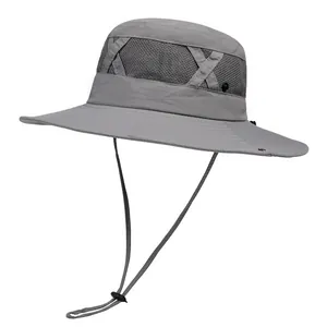 Grey outdoor hiking hat with breathable mesh and adjustable chin strap for sun protection