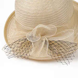 Elegant organza sun hat with mesh bow and veil detail for summer garden parties