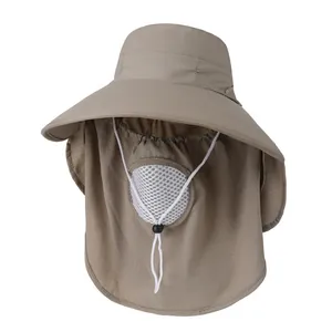 Detail of khaki outdoor sun hat with wide brim, breathable face mask and neck protection