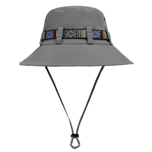 Unisex grey outdoor sun hat with wide brim, breathable eyelets and ethnic pattern band