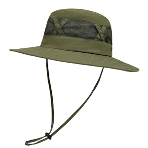 Detailed view of the army green hiking hat showing mesh vents and adjustable wind cord