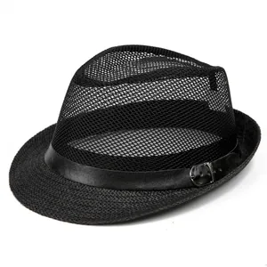 Breathable black mesh fedora hat for men with decorative band for summer sun protection