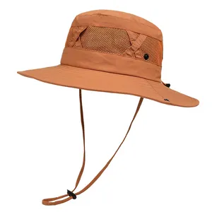 Outdoor sun hat in orange with breathable mesh side panels and adjustable windproof cord