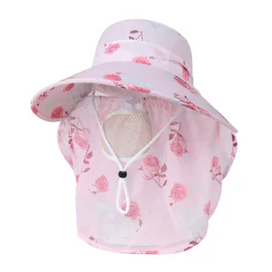 Detail of breathable mesh on pink floral sun hat with full face and neck protection