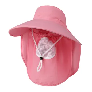 Detail of pink sun hat with wide brim, neck flap, and breathable mesh face mask
