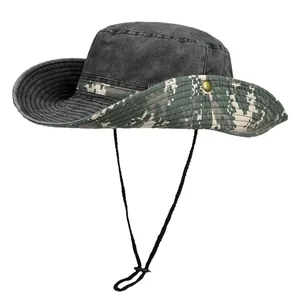 Outdoor wide brim sun hat with digital camouflage and washed denim finish with chin strap