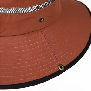 Outdoor wide brim sun hat with breathable mesh and chin strap in reddish brown