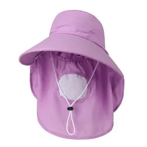 Close-up of purple wide-brim sun hat with mesh face cover and breathable neck flap