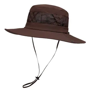 Dark brown wide-brimmed outdoor hiking hat with breathable mesh and adjustable chin strap